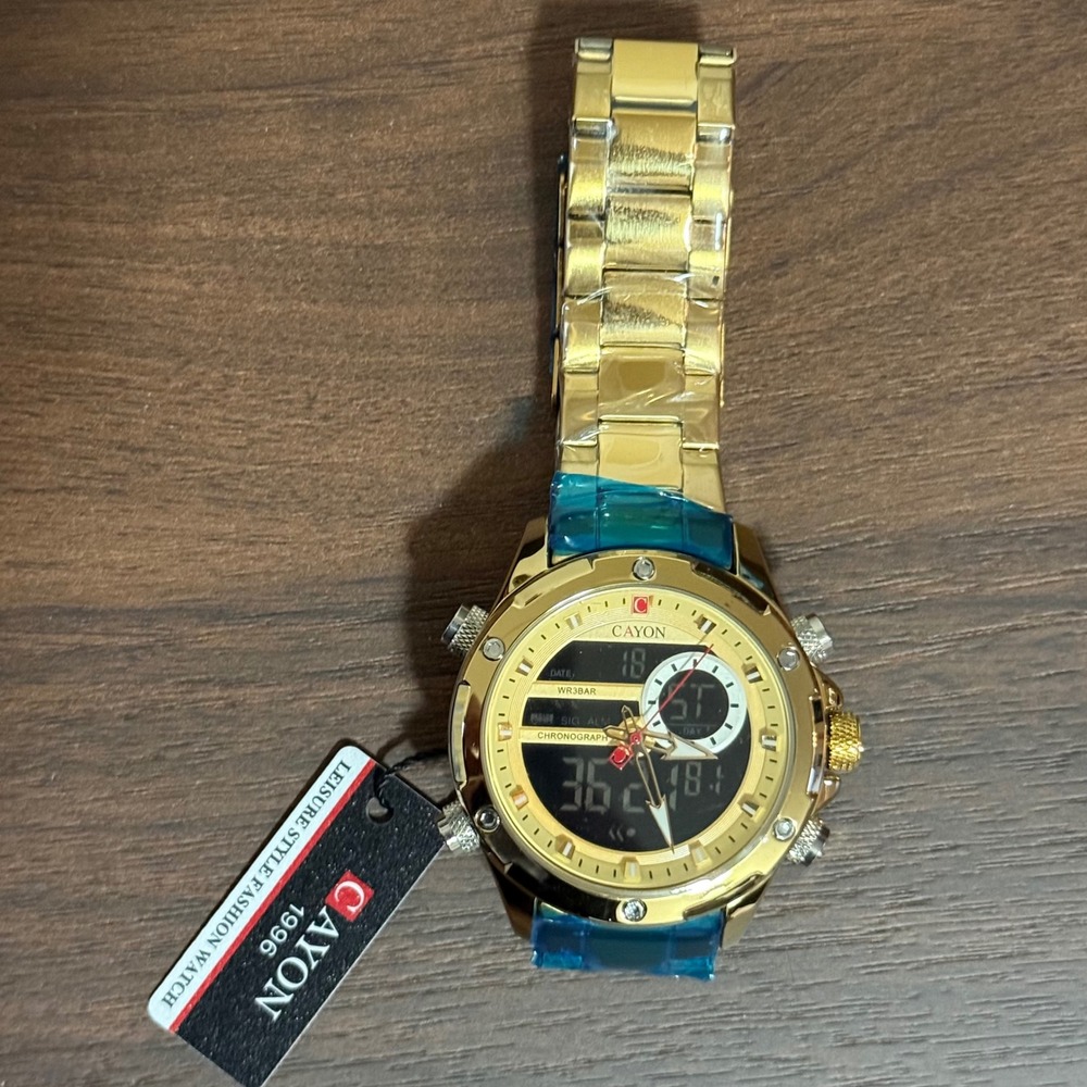 Cayon 1996 Mens Gold Tone Analog Digital Chronograph Watch 3BAR Water Resistant